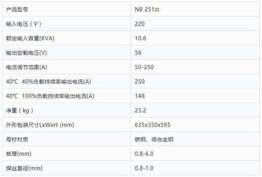 GA黄金甲NB 251III焊机技术参数